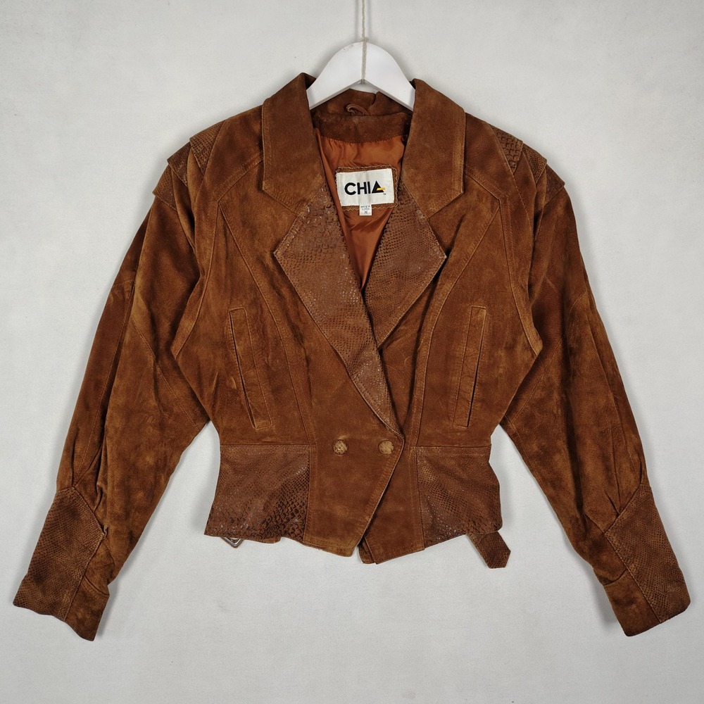 Vintage Chia Brown Suede Leather Jacket Snakeskin Embossed Western Cropped M